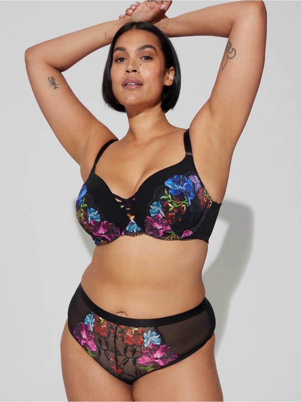 Torrid Black Floral Lace Push-Up Bra with Multicolor Embroidery